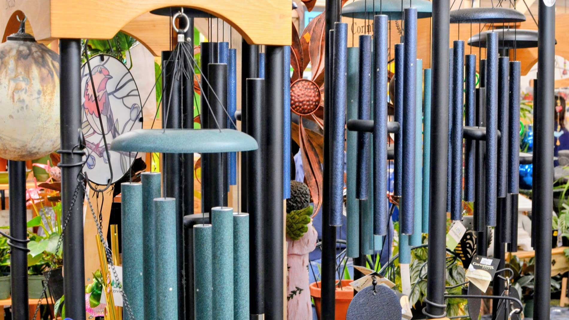 Welcome Home Bundle — wind chime display at Barn Owl Garden Center